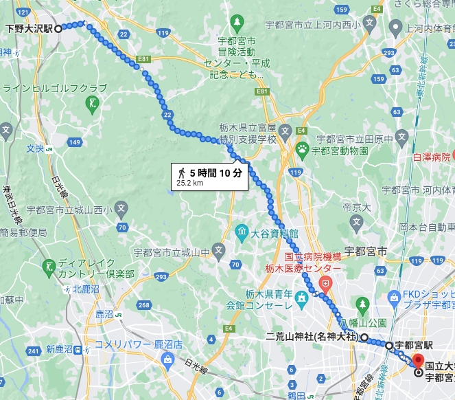 下野大沢駅から宇都宮駅まで徒歩　ボディープラネット　パーソナルトレーニング